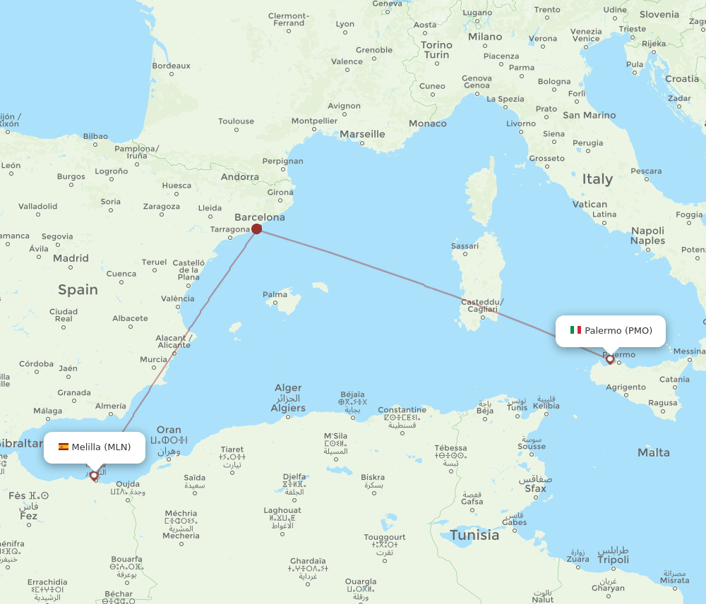Palermo - Melilla route map and flight paths