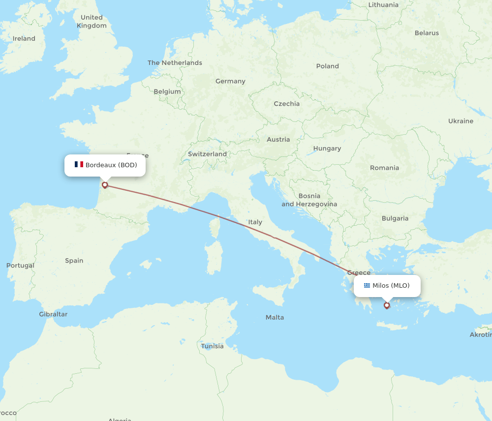 Bordeaux - Milos route map and flight paths