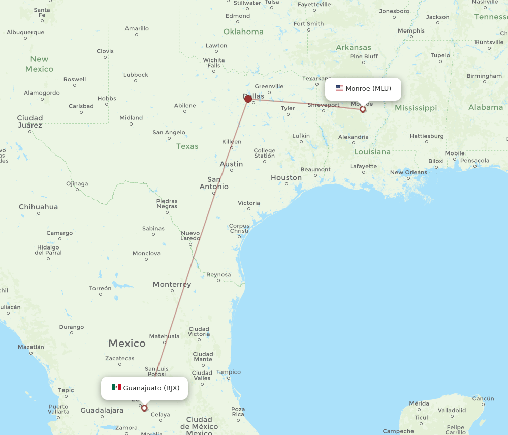 MLU to BJX flights and routes map