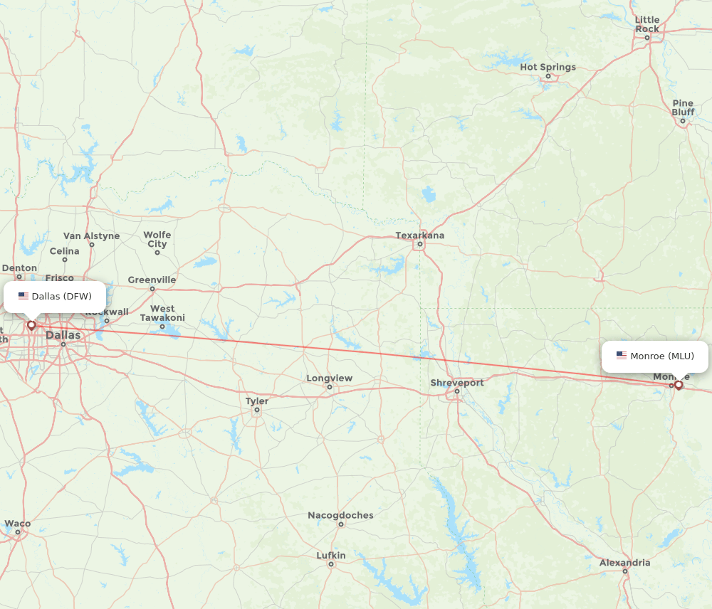Monroe - Dallas route map and flight paths