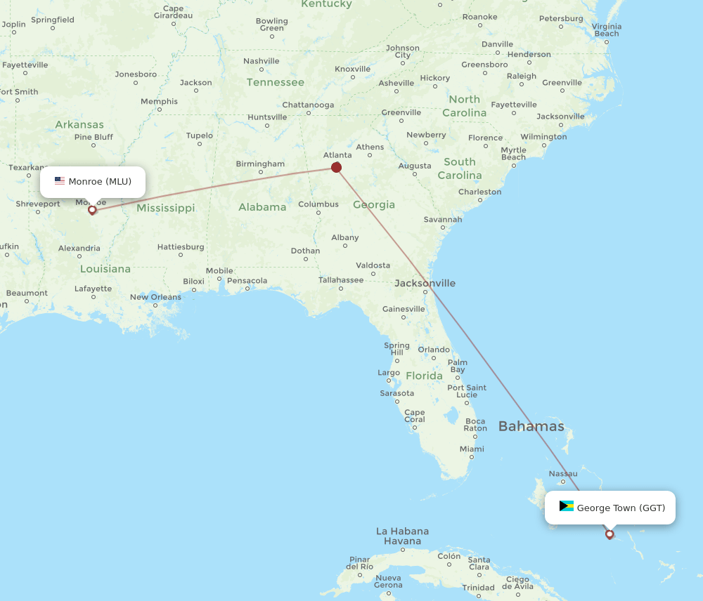 MLU to GGT flights and routes map