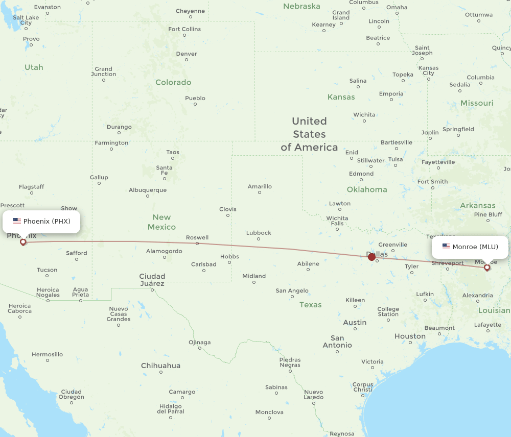 MLU to PHX flights and routes map