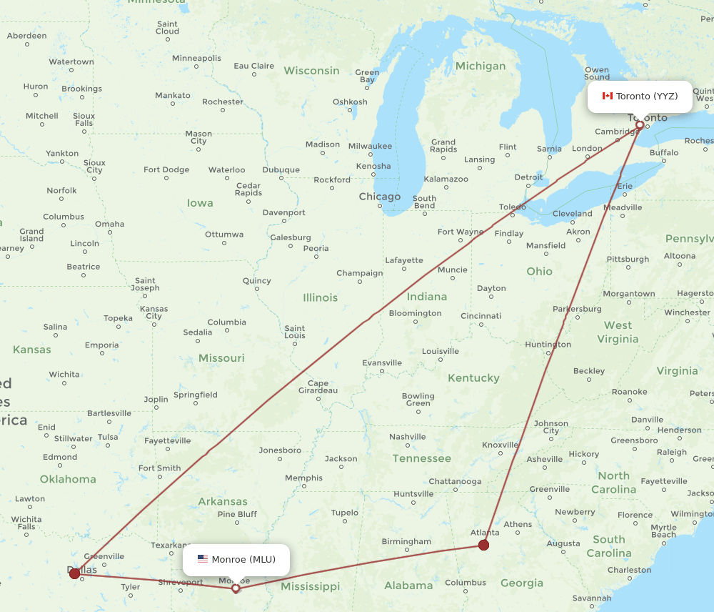 YYZ to MLU flights and routes map