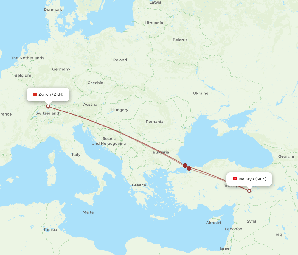 Zurich - Malatya route map and flight paths