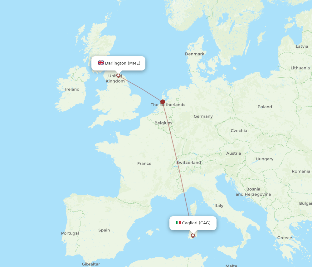 Cagliari - Durham Tees Valley route map and flight paths