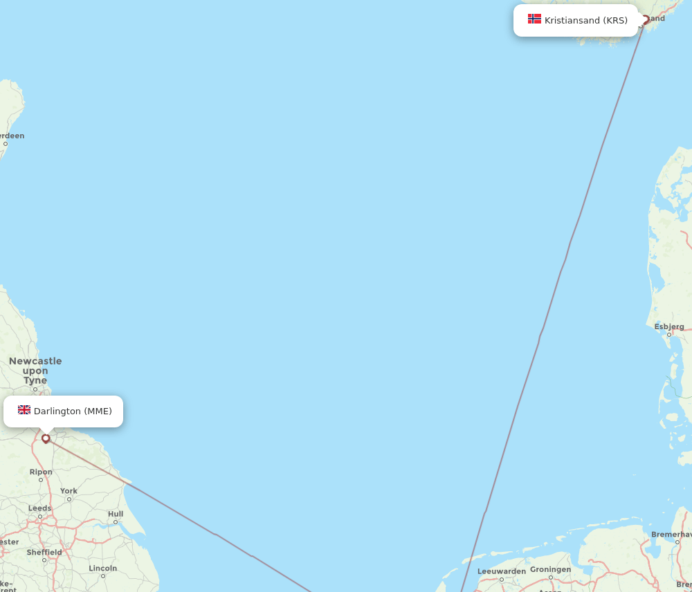 MME to KRS flights and routes map