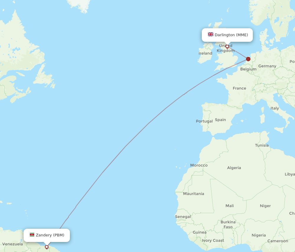 MME to PBM flights and routes map
