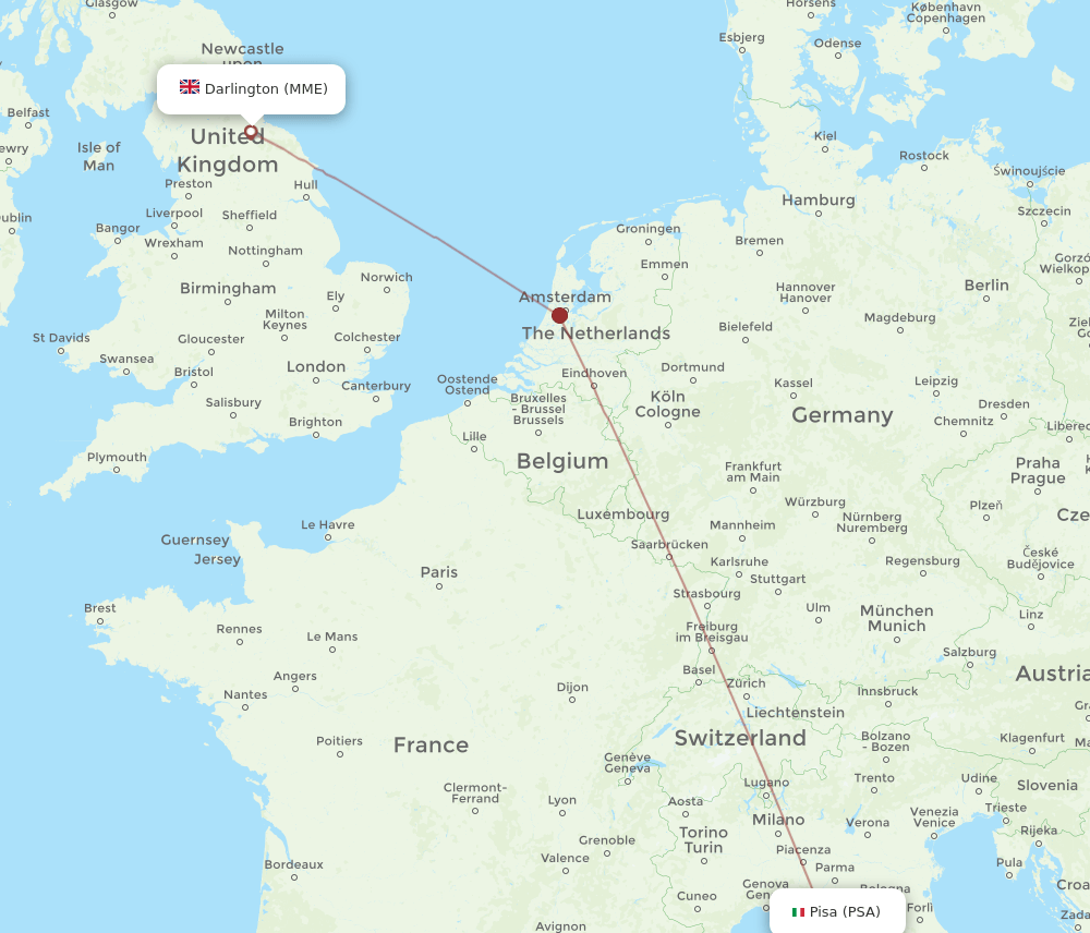 Pisa - Durham Tees Valley route map and flight paths