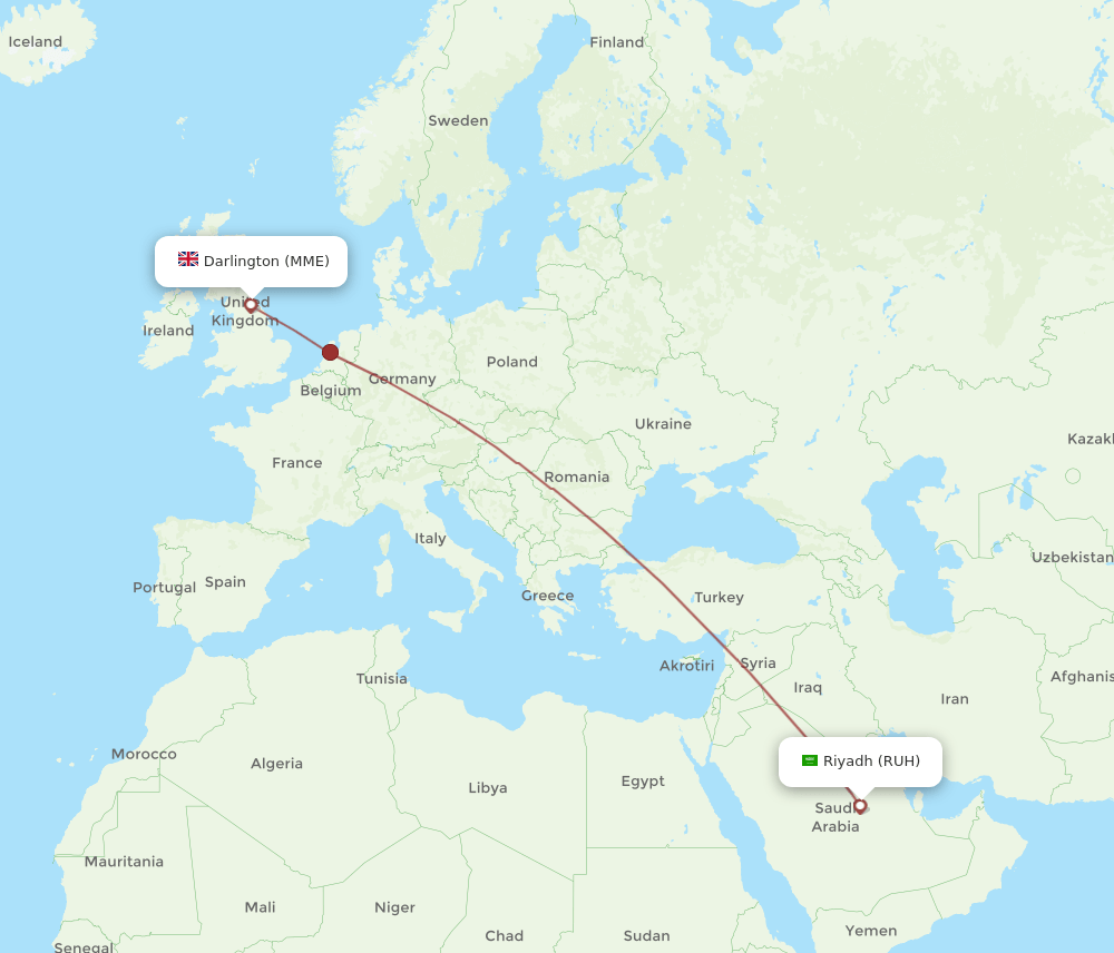 Riyadh - Durham Tees Valley route map and flight paths
