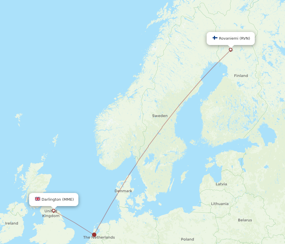 Rovaniemi - Durham Tees Valley route map and flight paths