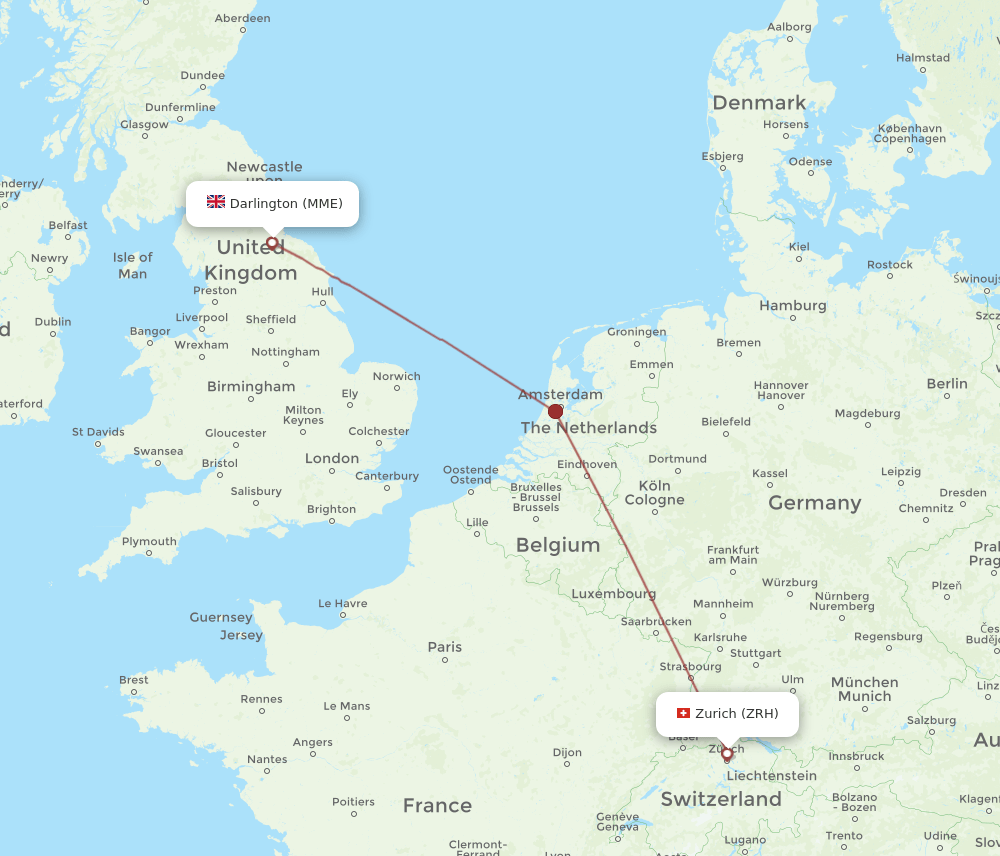 Zurich - Durham Tees Valley route map and flight paths