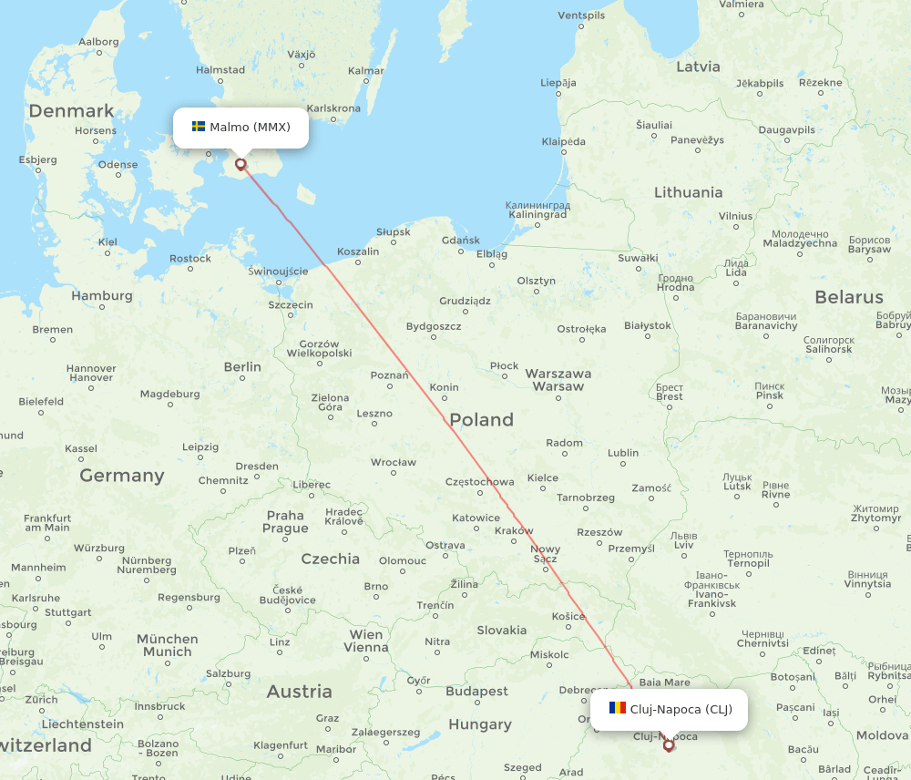 Malmo - Cluj-Napoca route map and flight paths
