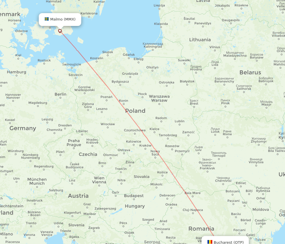 Malmo - Bucharest route map and flight paths