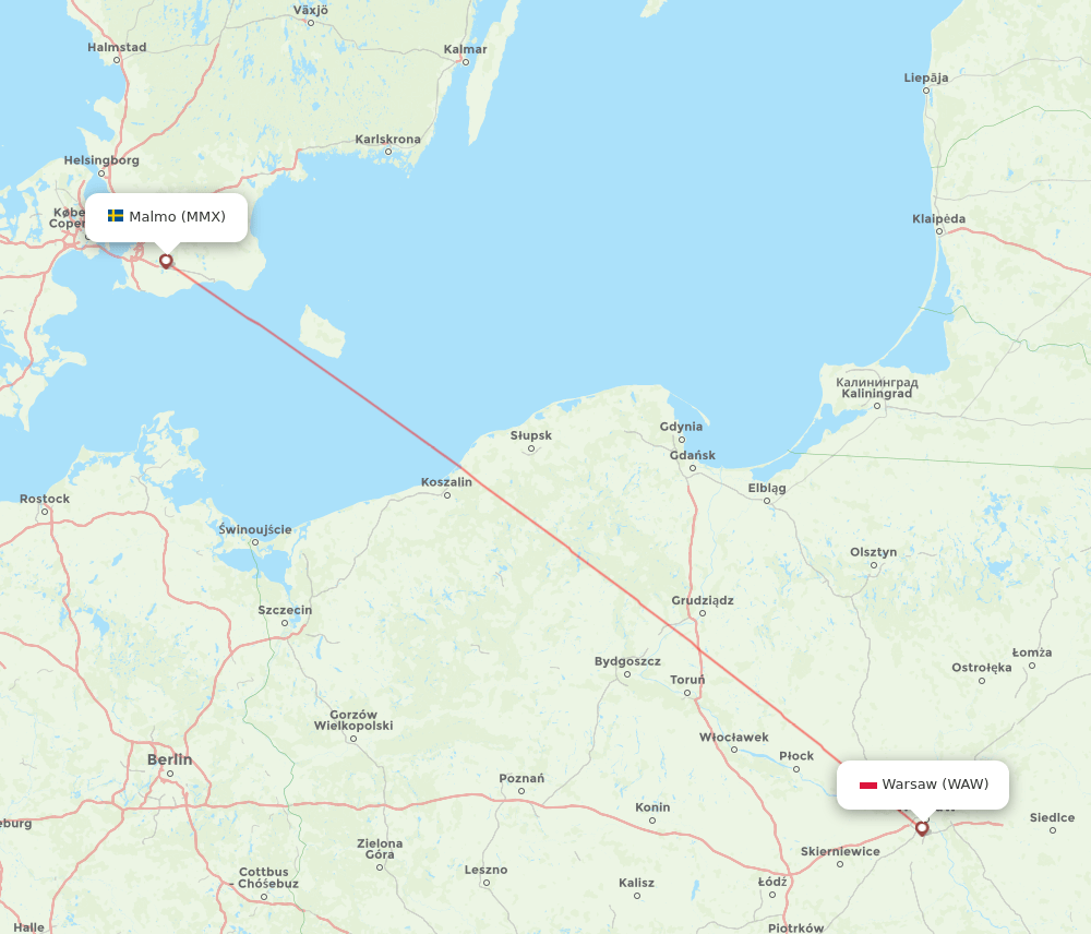 Malmo - Warsaw route map and flight paths