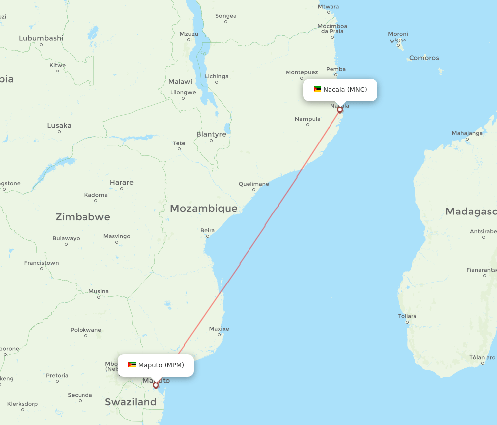 Nacala - Maputo route map and flight paths