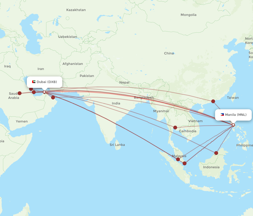 MNL to DXB flights and routes map