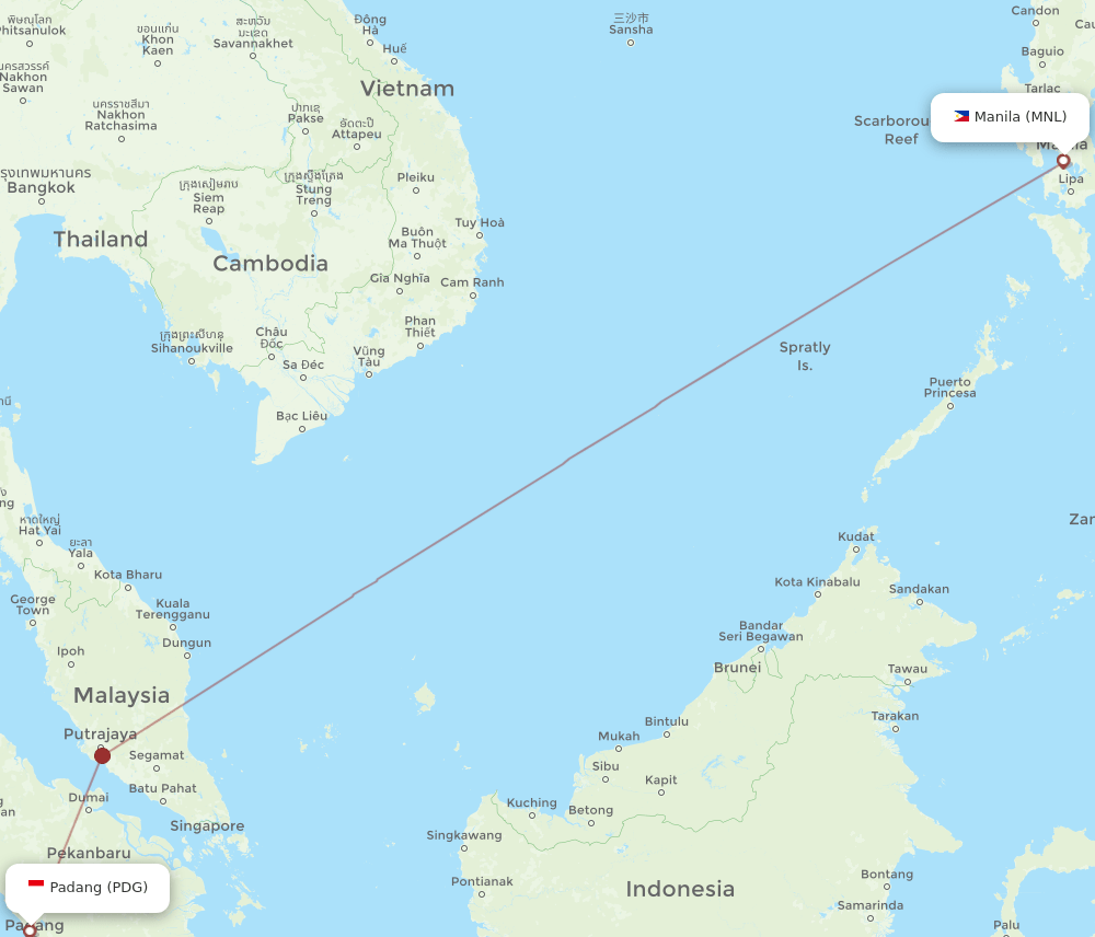 Padang - Manila route map and flight paths