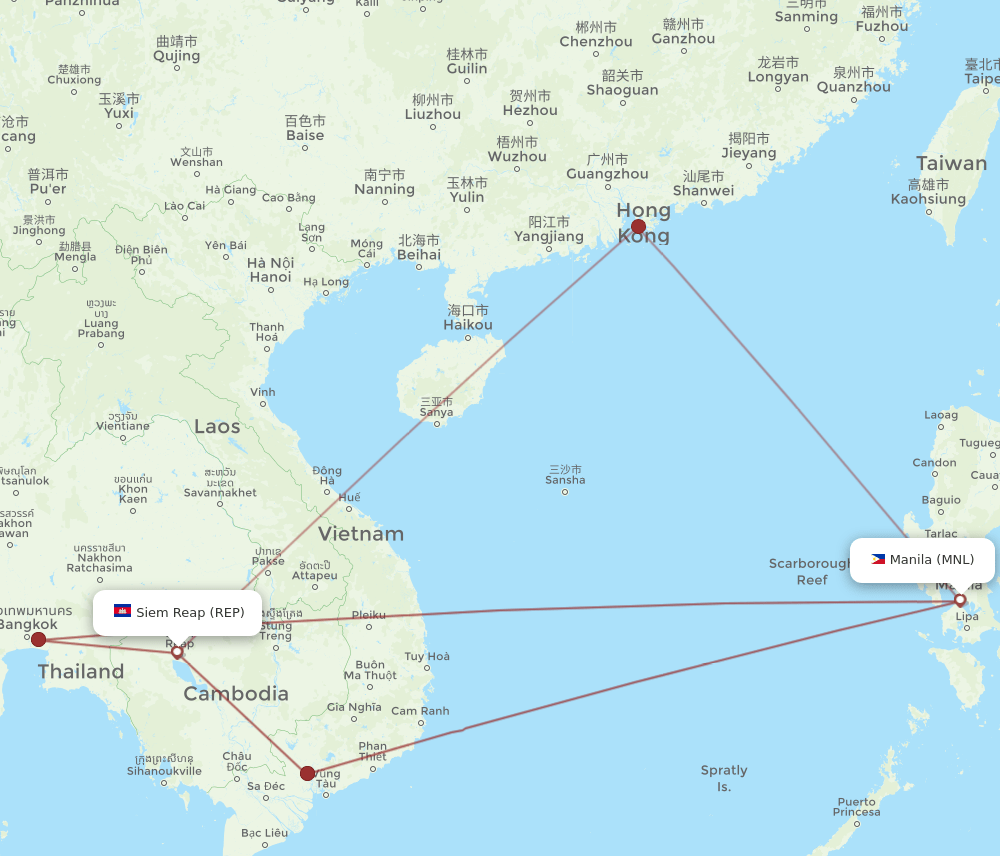 Manila - Siem Reap route map and flight paths