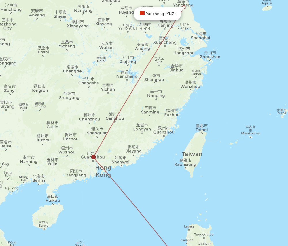 Yancheng - Manila route map and flight paths