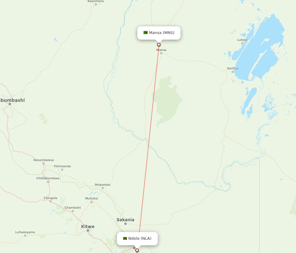 Ndola - Mansa route map and flight paths