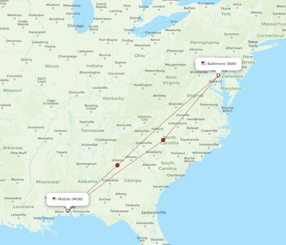 MOB-BWI flight routes