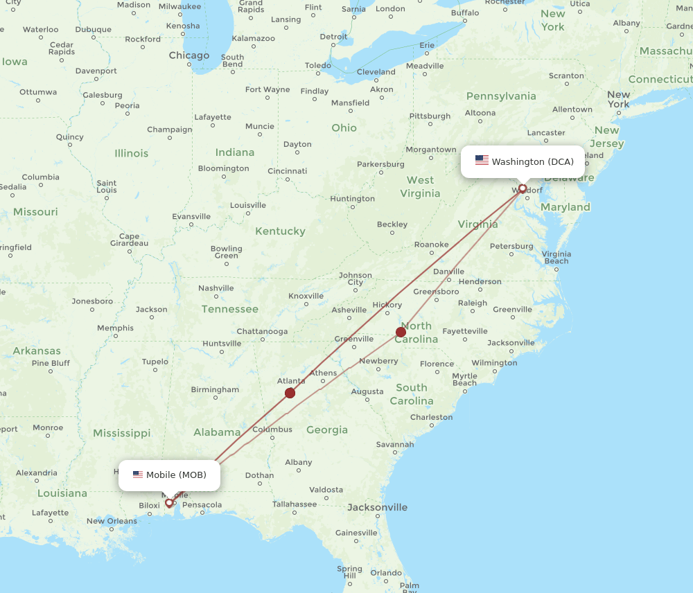 MOB to DCA flights and routes map
