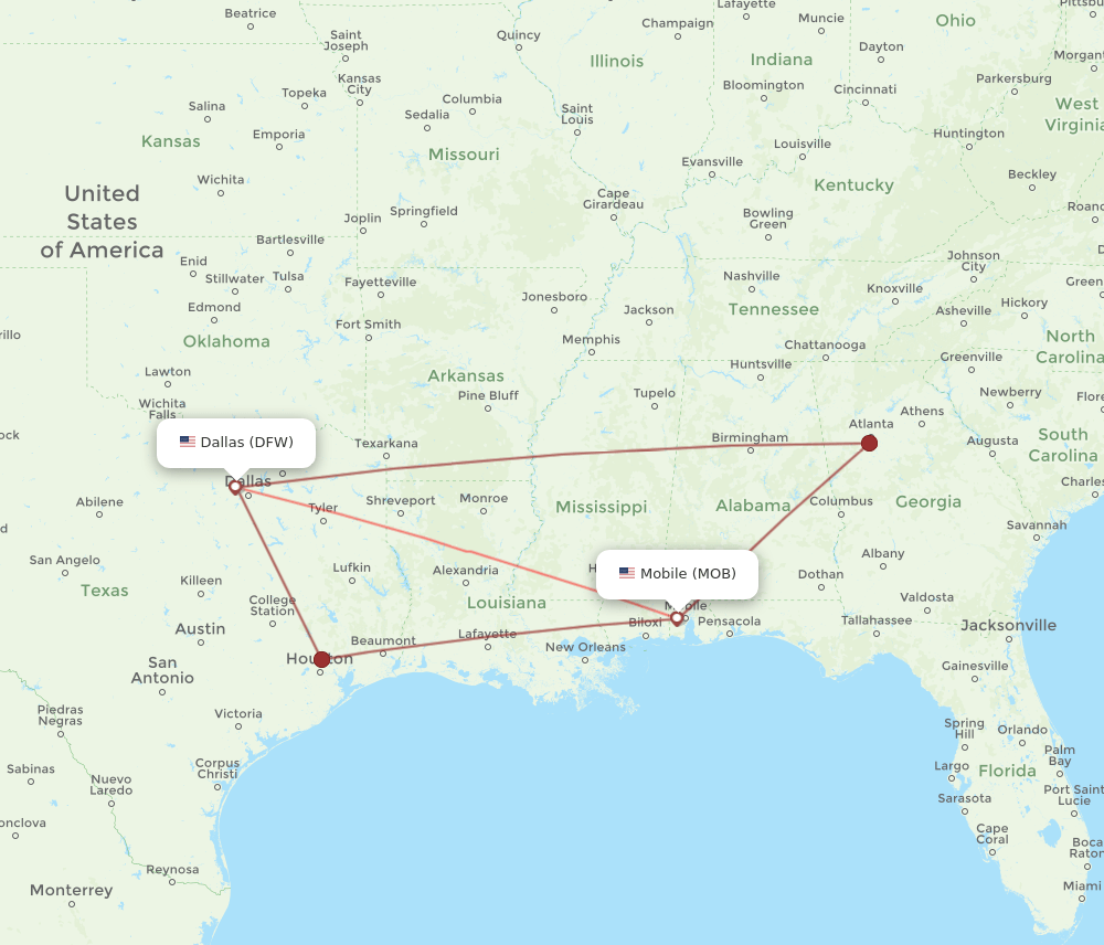 MOB-DFW flight routes