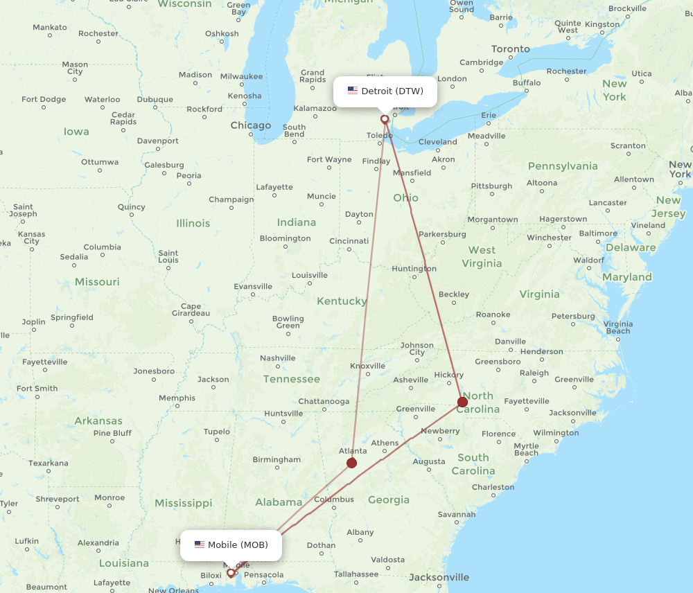 MOB to DTW flights and routes map