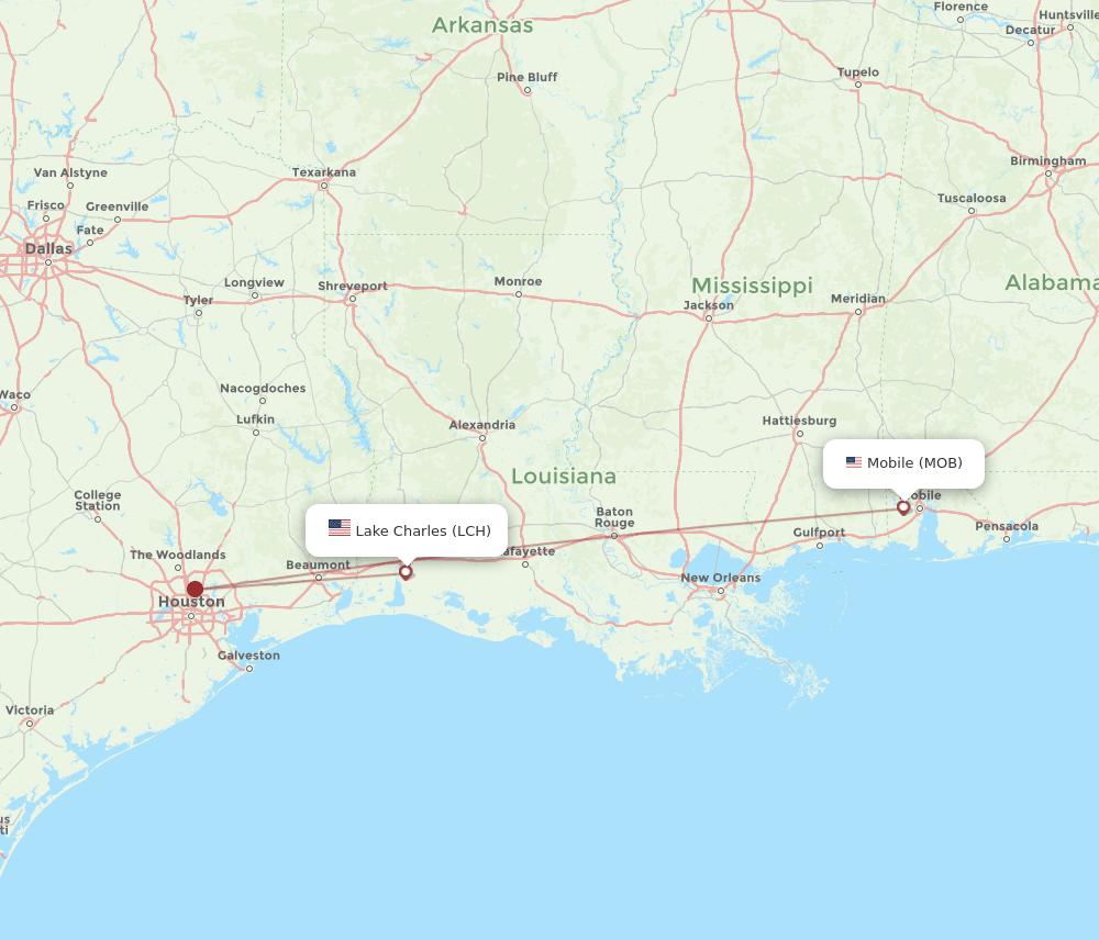 MOB to LCH flights and routes map