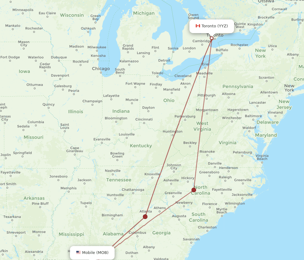 Toronto - Mobile route map and flight paths