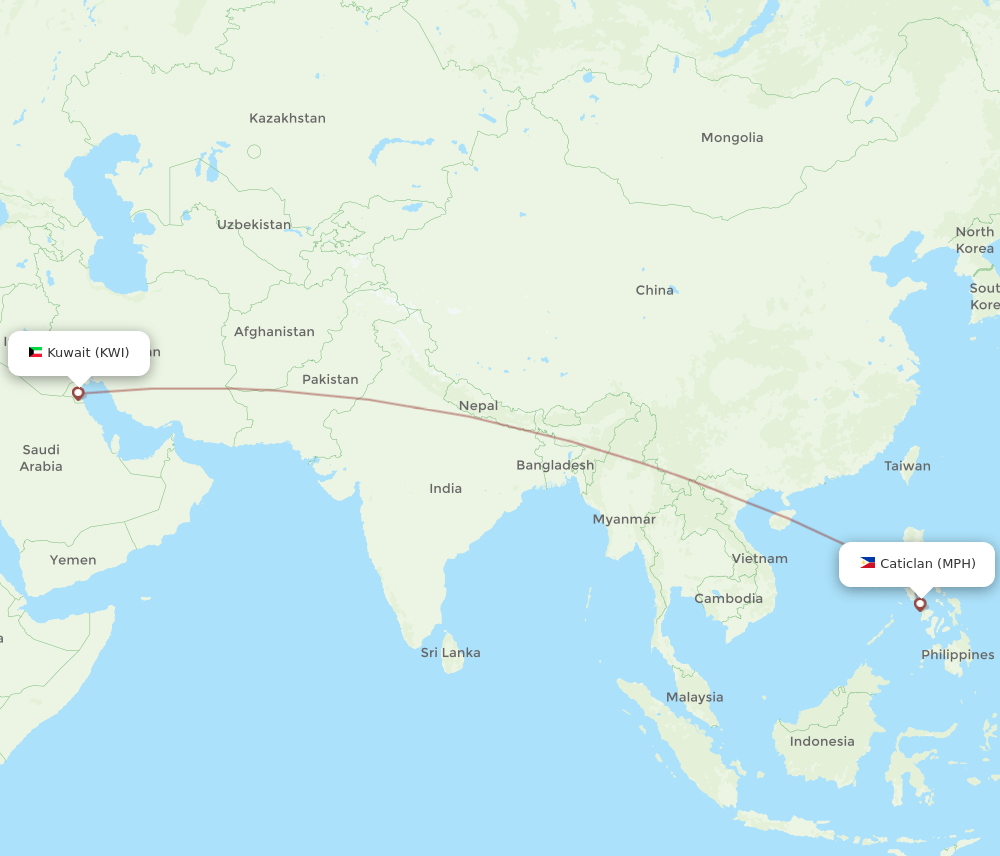 Kuwait - Caticlan route map and flight paths