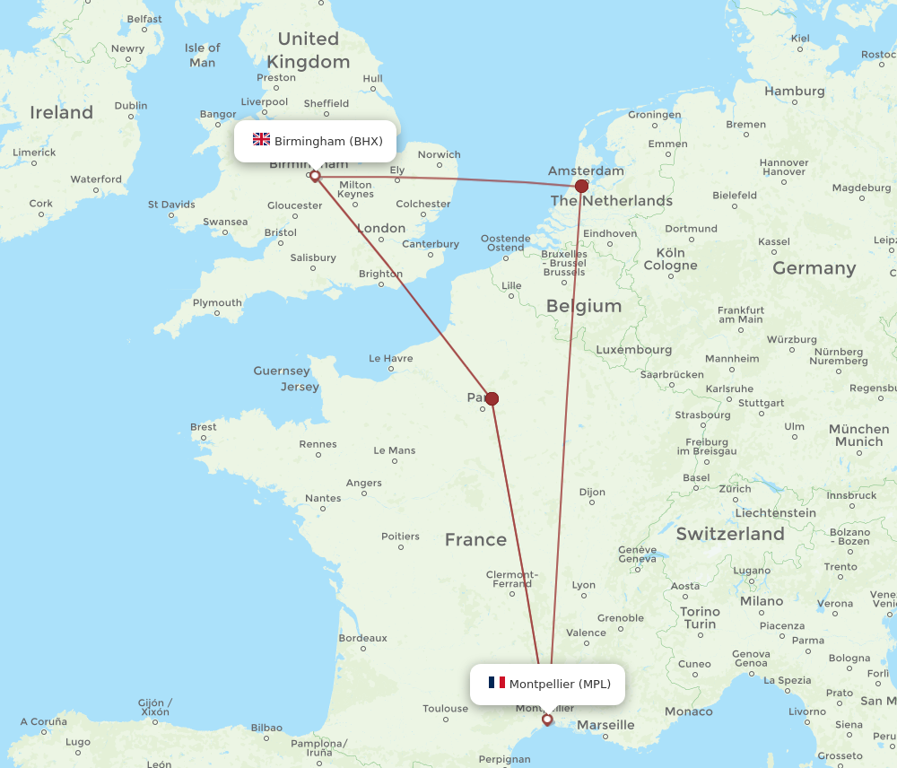 MPL to BHX flights and routes map