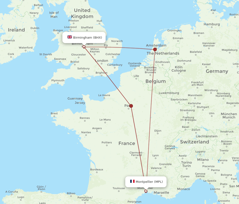 MPL to BHX flights and routes map