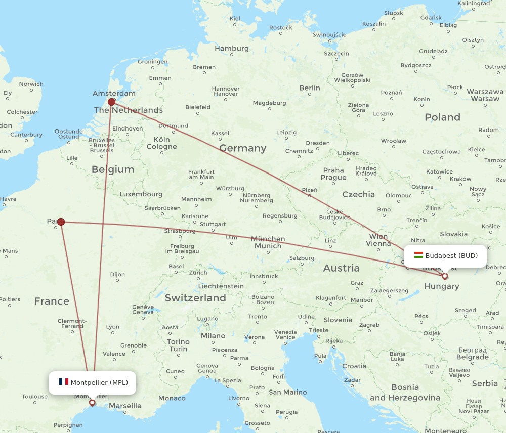 MPL to BUD flights and routes map