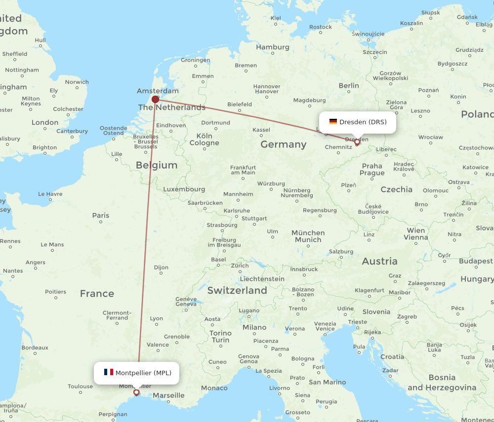 Dresden - Montpellier route map and flight paths
