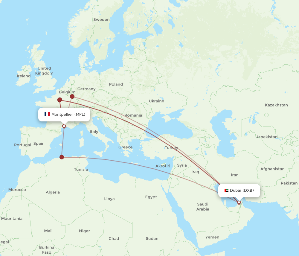 MPL to DXB flights and routes map