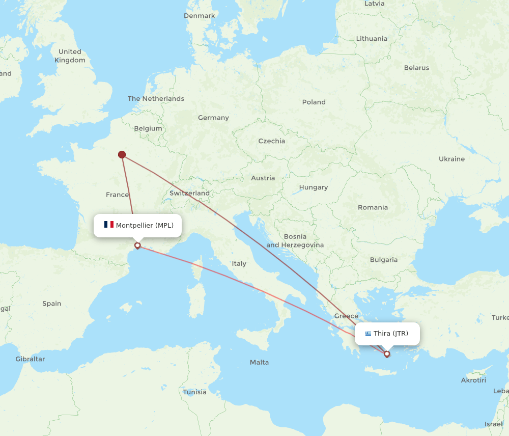 MPL to JTR flights and routes map