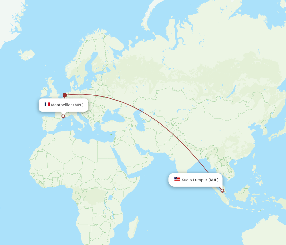 Kuala Lumpur - Montpellier route map and flight paths