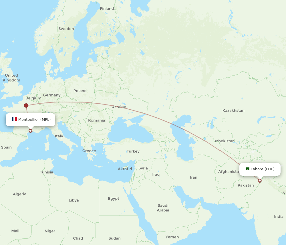 Lahore - Montpellier route map and flight paths