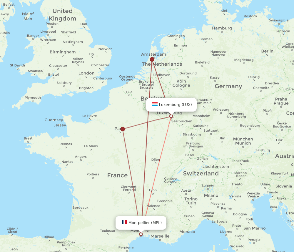 MPL to LUX flights and routes map