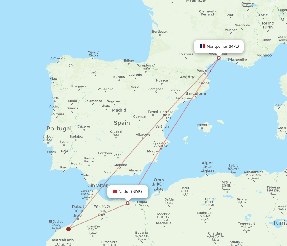 Montpellier - Nador route map and flight paths