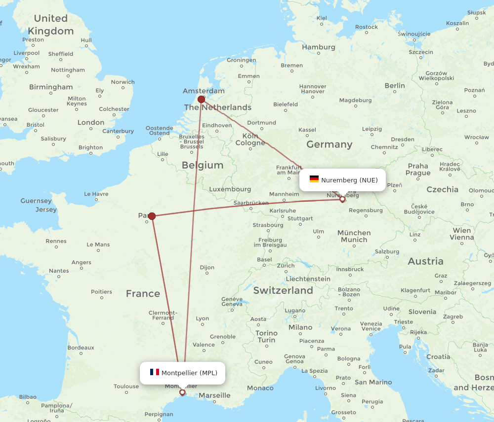 MPL to NUE flights and routes map