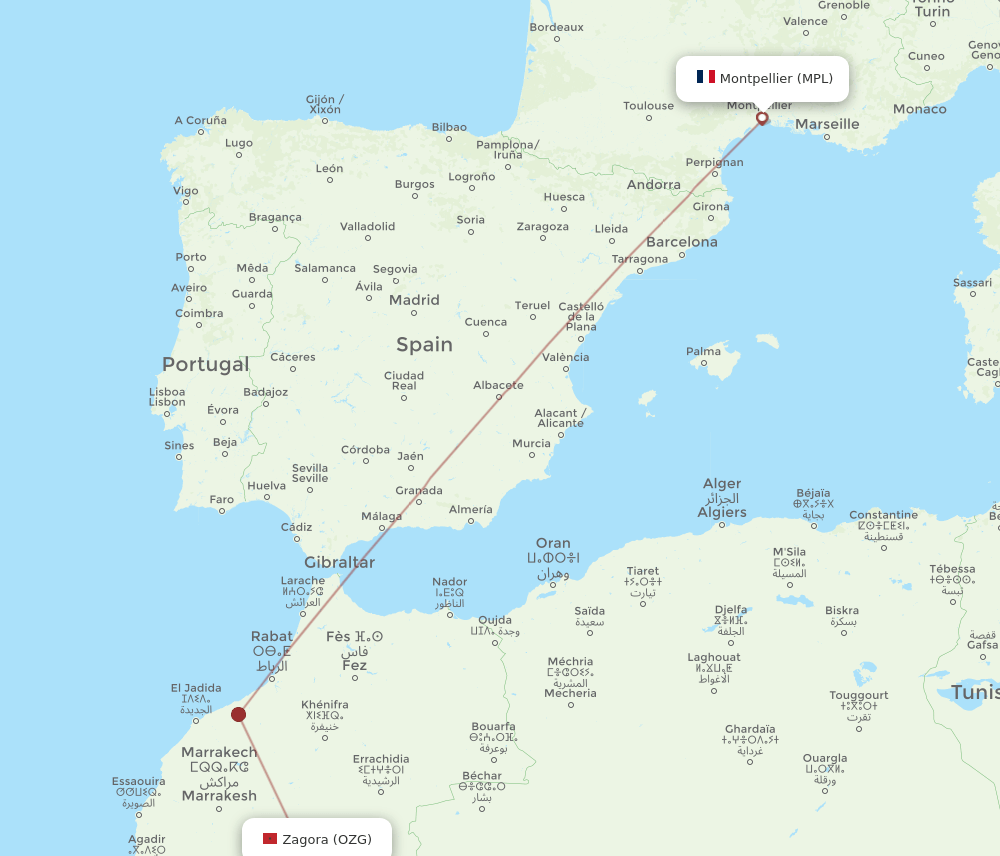 Zagora - Montpellier route map and flight paths