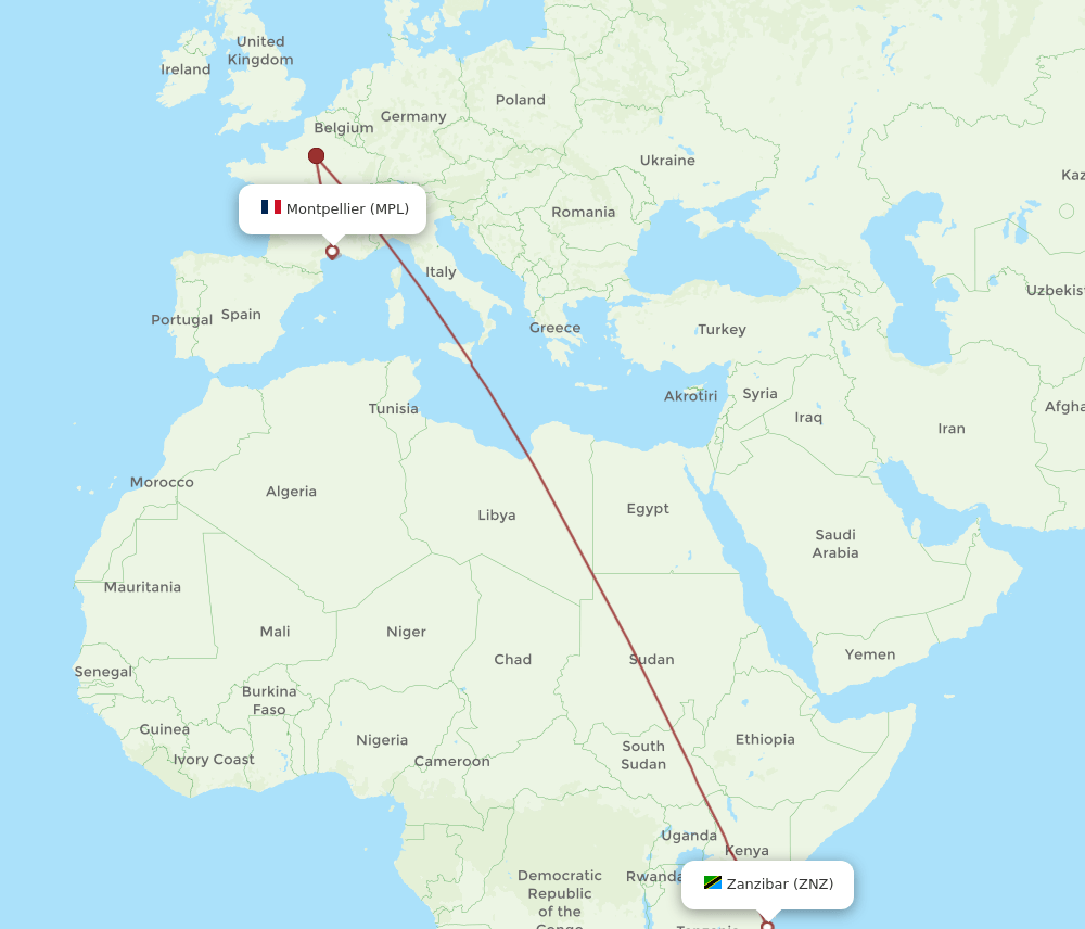 Zanzibar - Montpellier route map and flight paths