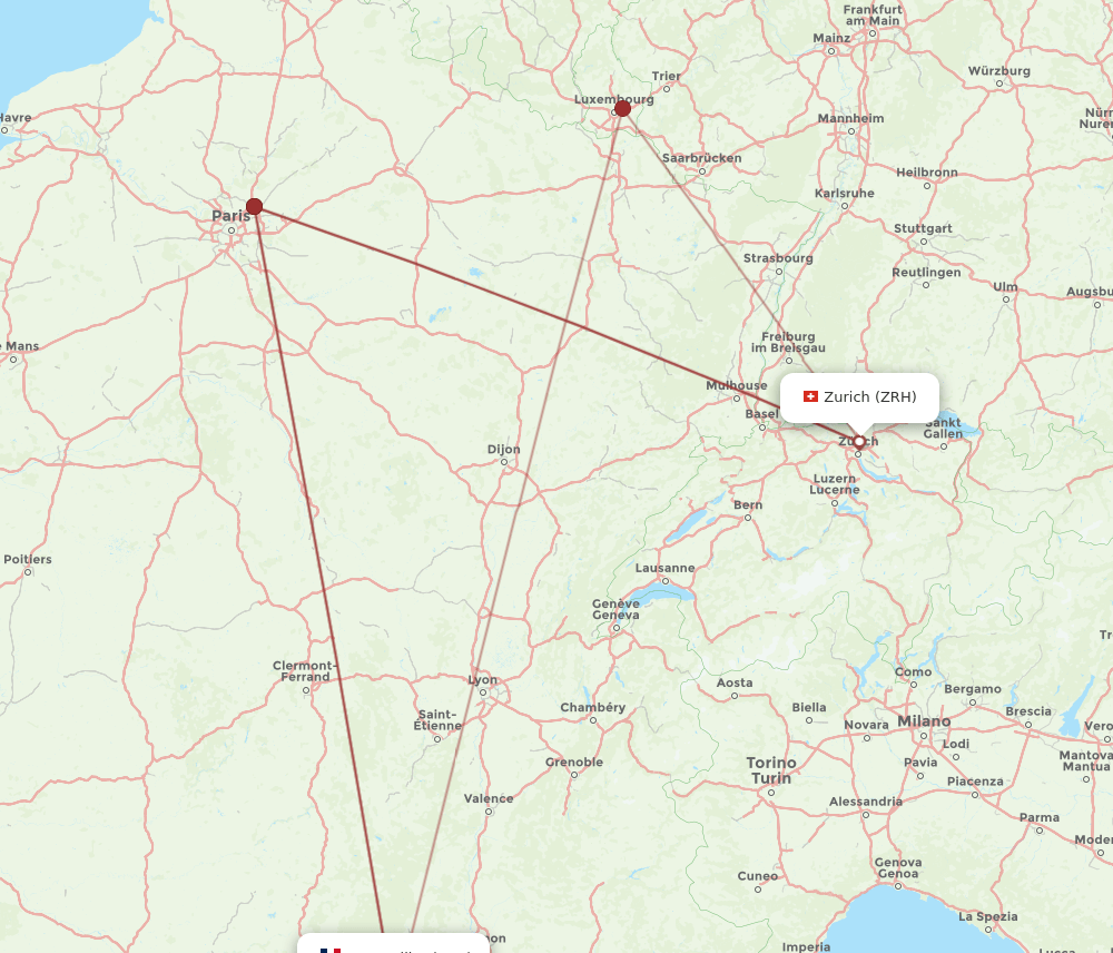 Zurich - Montpellier route map and flight paths