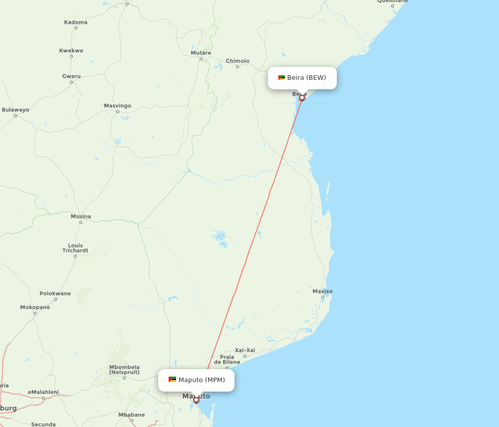 MPM to BEW flights and routes map