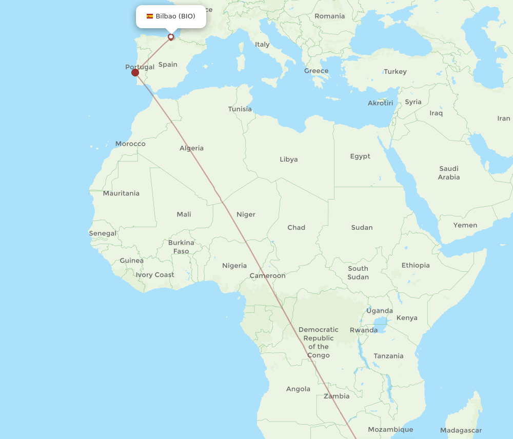 Bilbao - Maputo route map and flight paths