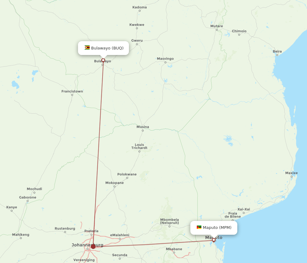 MPM to BUQ flights and routes map