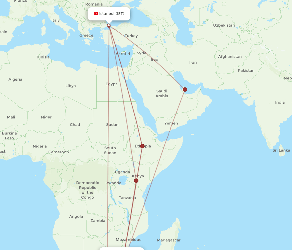 All flight routes from Maputo to Istanbul, MPM to IST - Flight Routes