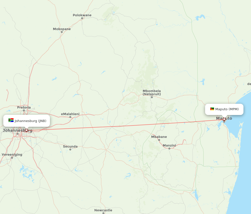 Maputo - Johannesburg route map and flight paths